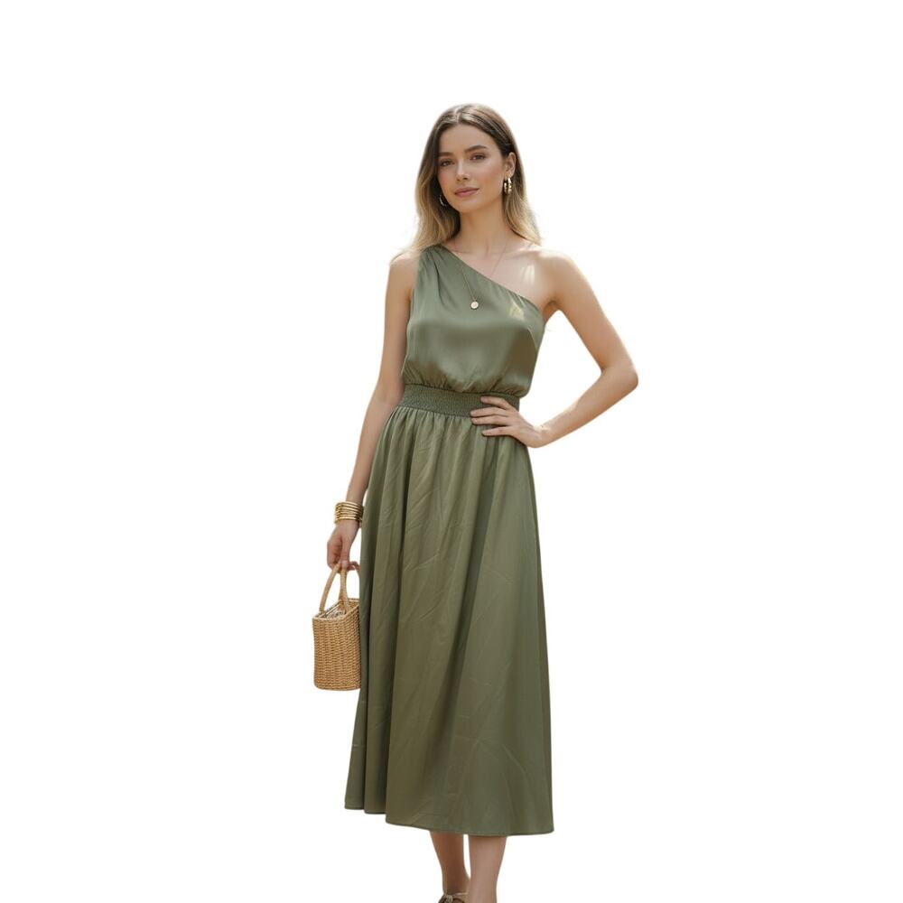 Nicole Miller Dress Womens Small S Olive Green One Shoulder Smocked Midi EUC - Picture 7 of 7